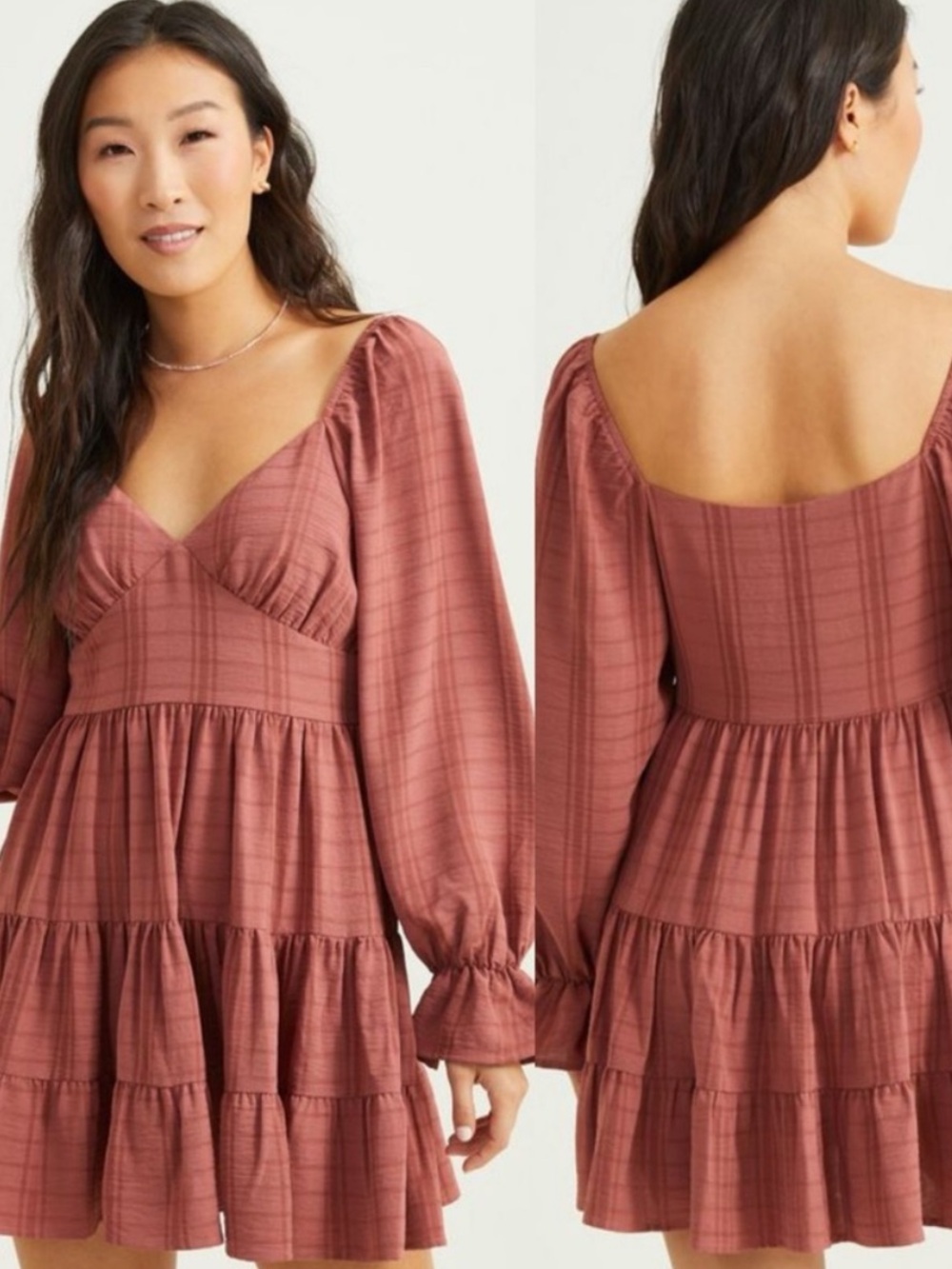 Altar'd State | Natalie Plaid Tiered Mini Dress Rust Boho Mini | Size S